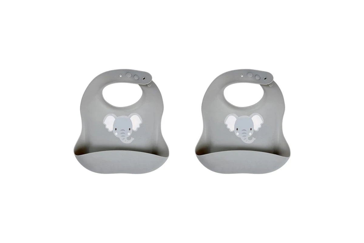 2x Splosh Baby Elephant Silicone Feeding Bib Adjustable Food Catcher 24cm (Grey) 0+