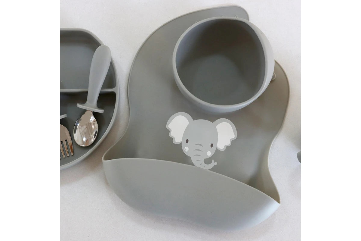 2x Splosh Baby Elephant Silicone Feeding Bib Adjustable Food Catcher 24cm (Grey) 0+
