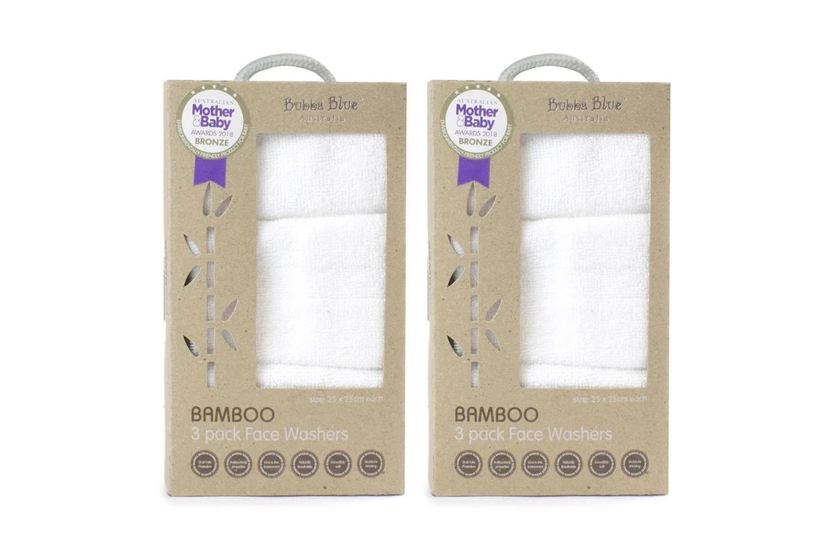 6pc Bubba Blue 25cm Square Bamboo Face Washer Set Soft Baby Towel Cloth (White)