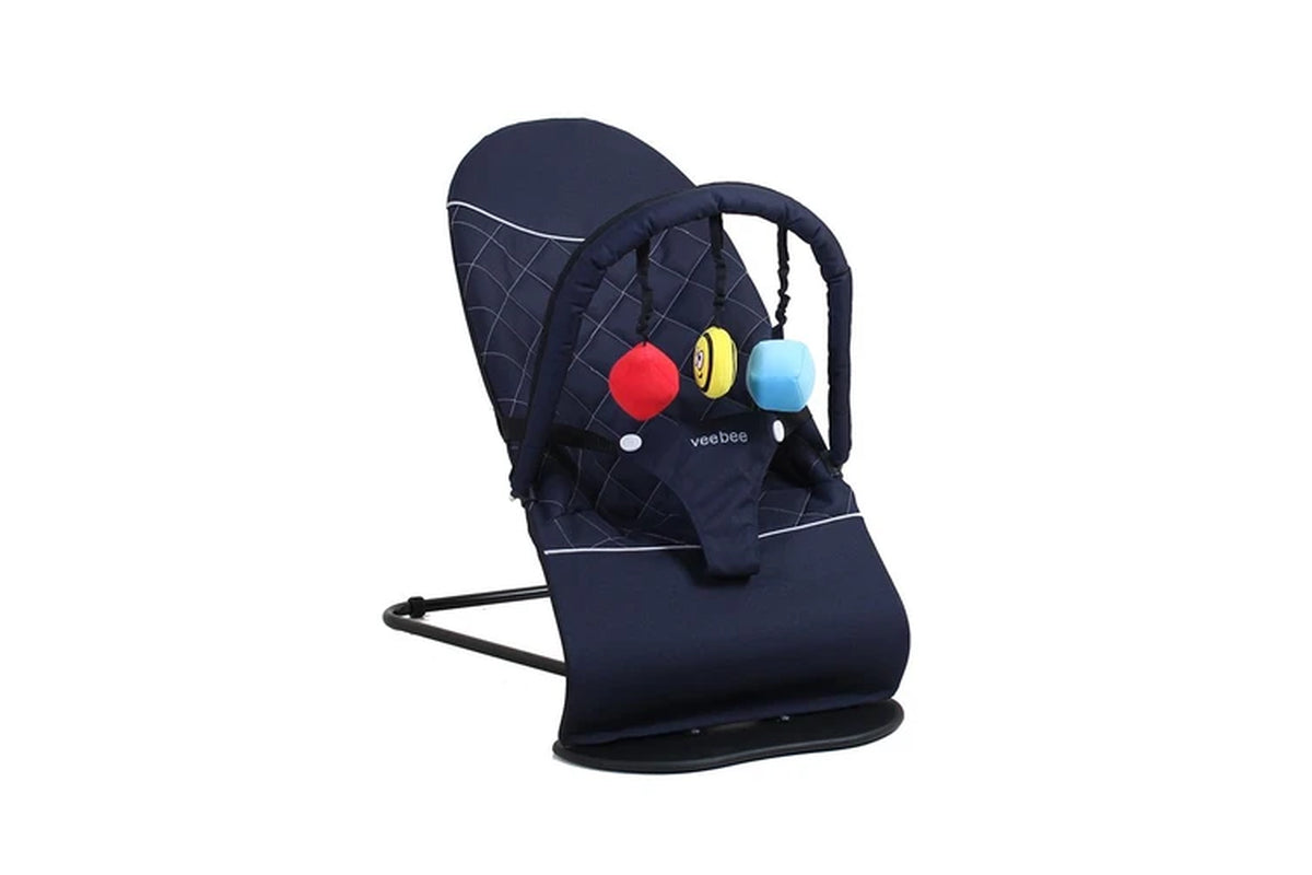Vee Bee Baby Bouncer With Removable Toy Bar Navy Cushioned Seat 3-Point Harness