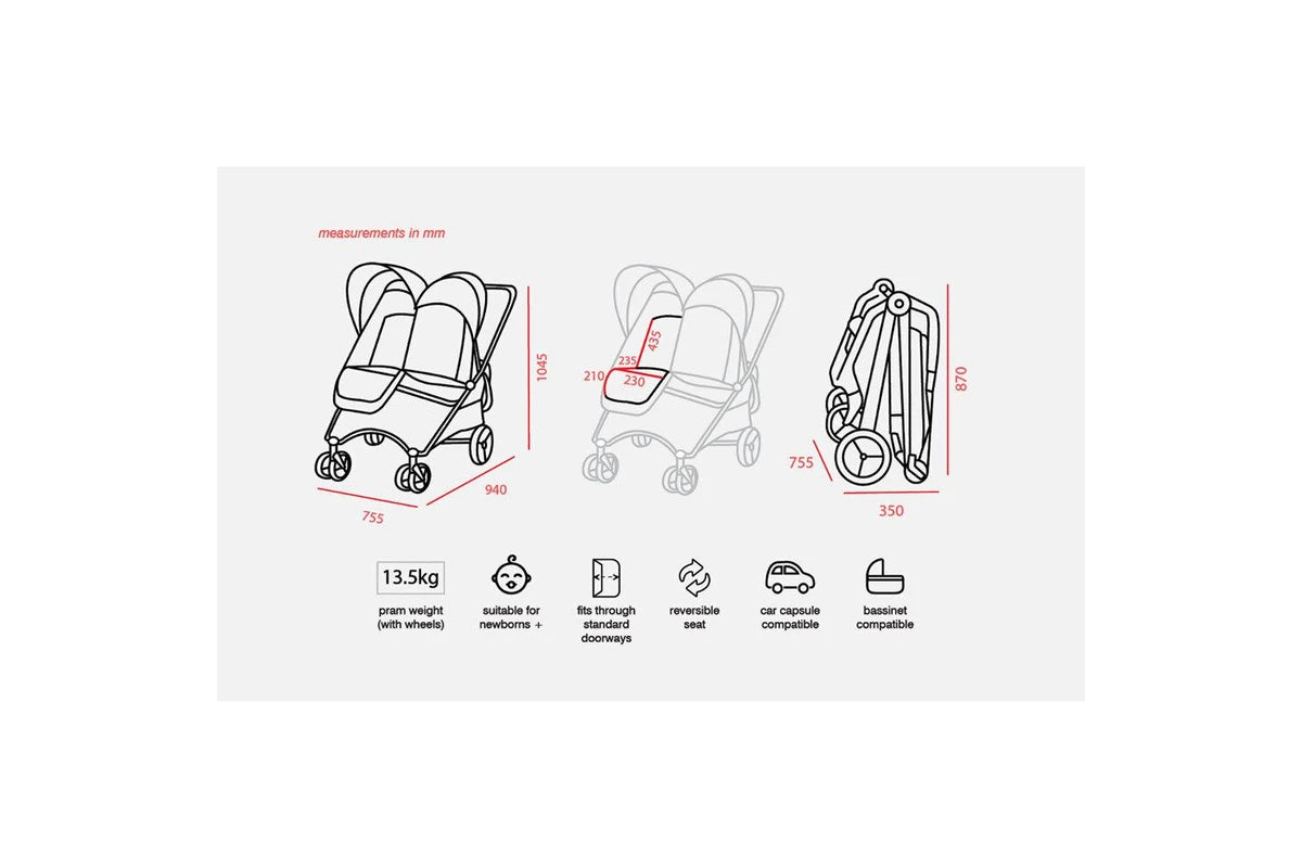 Valco Baby Snap Ultra Duo Foldable Pram Adjustable Seat Newborn Twin Coal (Black)