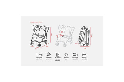 Valco Baby Snap Ultra Duo Foldable Pram Adjustable Seat Newborn Twin Coal (Black)