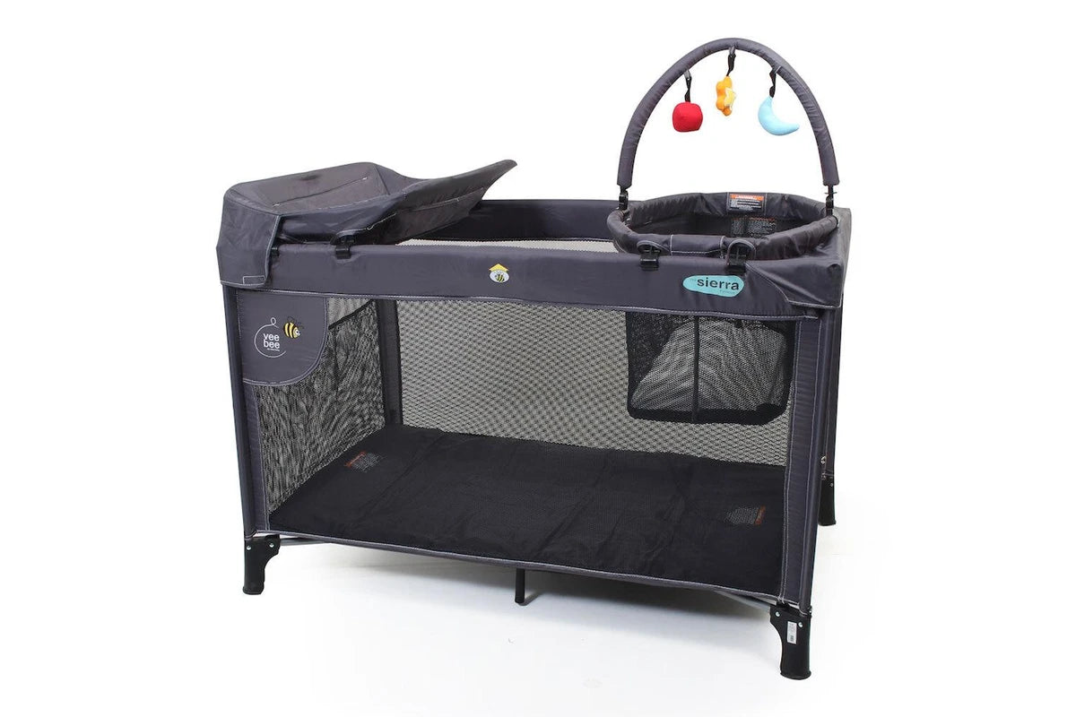 The Vee Bee Sierra 120cm Portacot Baby Crib Sleeper w Bassinet Toybar (Charcoal)